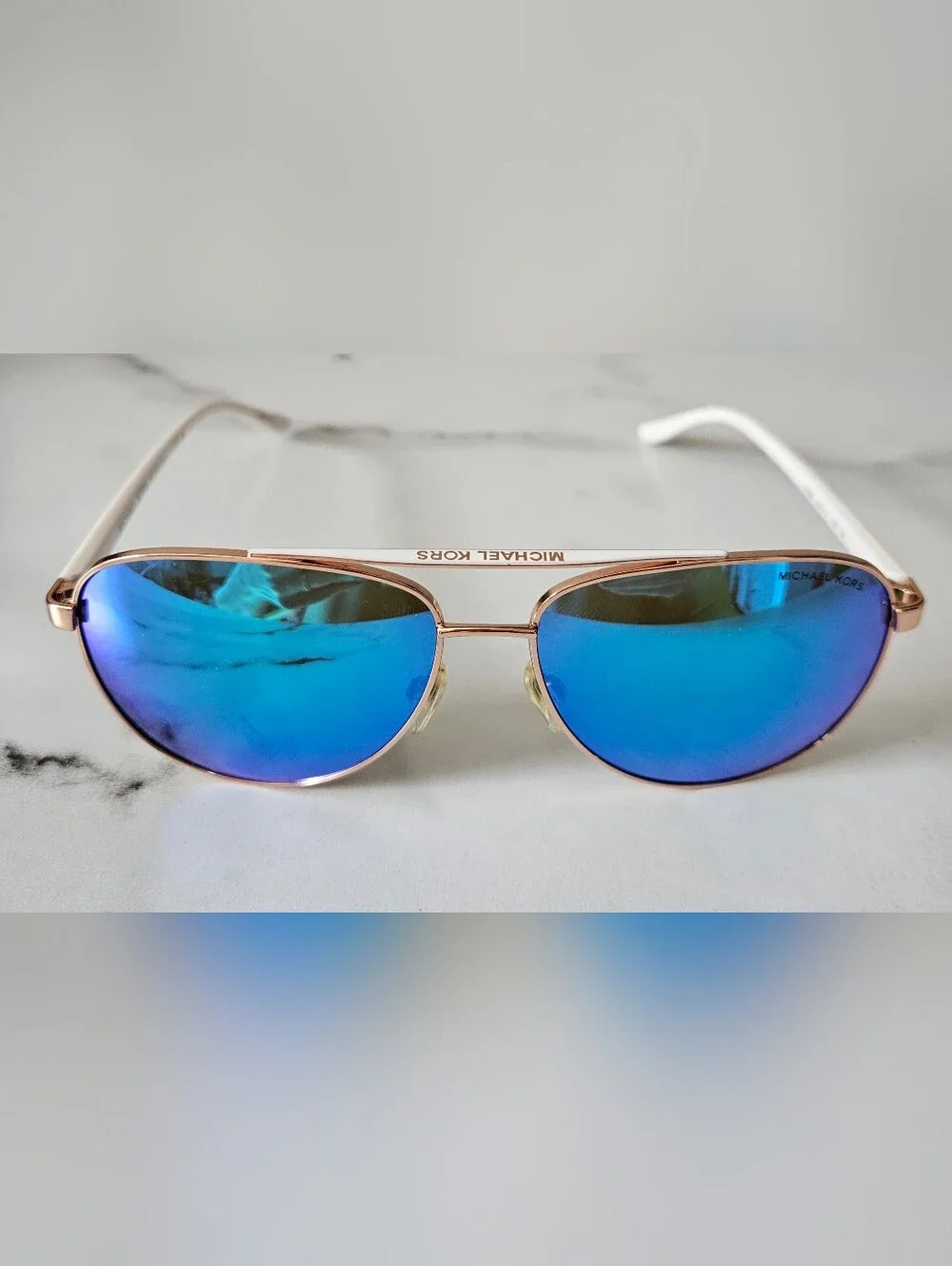 Michael Kors Hvar Sunglasses In Rose Gold w/ Blue Mirror Lenses
